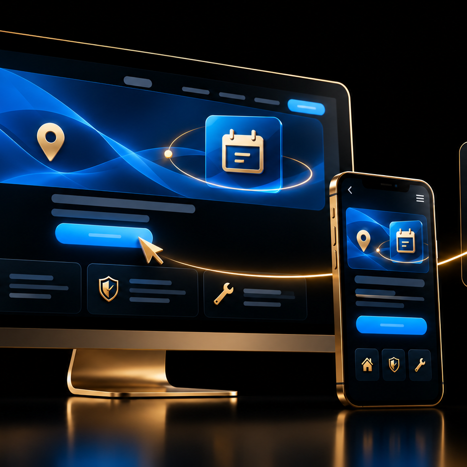 Landingpage und Kalender für lokale Dienstleister Illustration einer individuellen Website auf Computer und Smartphone mit direktem Weg zur Terminanfrage.